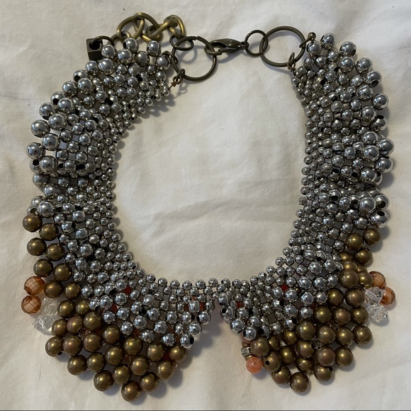 PAM MIRAN ANTHROPOLOGIE Collar Bib Necklace Silver Peach Orange Beaded - Picture 2 of 4